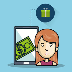 avatar woman and smartphone technology device with  shopping online icon set. colorful design. vector illustration