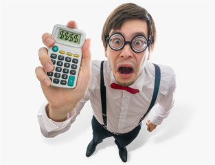 Funny and crazy accountant is showing calculator with Debt written. Isolated on white background. View from top. - obrazy, fototapety, plakaty