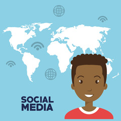 world map background with avatar man smiling and social media icon set. vector illustration