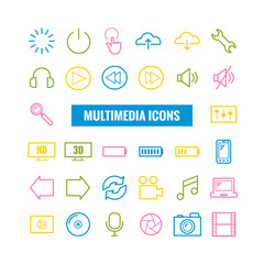 Set of multimedia outline icons. Thin icons for print, web, mobile apps