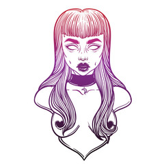 Zombie or vampire Girl Line Art. Hand drawn vector illustration. Black line on white background. Cartoon style. Could be used as design for coloring book or as part of Halloween decor.
