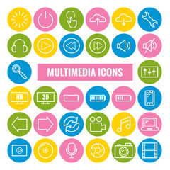 Set of multimedia outline icons. Thin icons for print, web, mobile apps