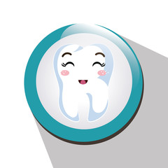cartoon human tooth with happy expression face over blue and white circle. vector illustration