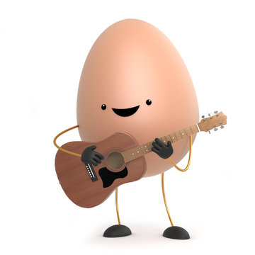 3d Cute egg man wants to be a folk singer with his guitar