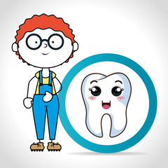 cartoon boy smiling with human tooth with happy expression face. vector illustration