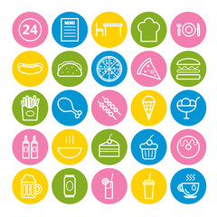 Collection of 25 fast food outline icons. Linear icons for web, print, mobile apps