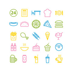 Collection of 25 fast food outline icons. Linear icons for web, print, mobile apps