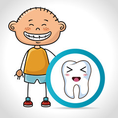 Fototapeta na wymiar cartoon boy smiling with human tooth with happy expression face. vector illustration