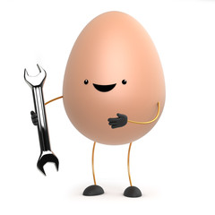3d Cute egg man has a spanner to fix things with.