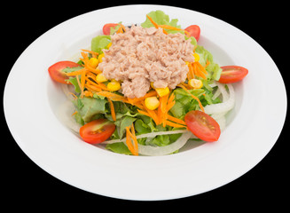 Tuna salad with lettuce and tomatoes isolated on the black background with clipping path