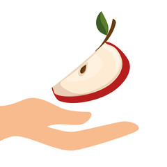 human hand holding a red apple fruit . vector illustration