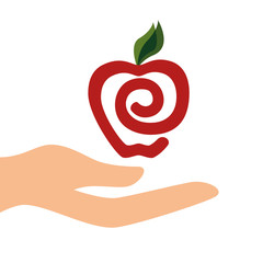 human hand holding a red apple fruit . vector illustration