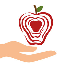 human hand holding a red apple fruit . vector illustration