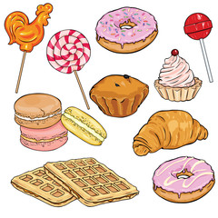 Vector Set of Cartoon Desserts. Lolipops, Doughnuts, Macaronies and Baking