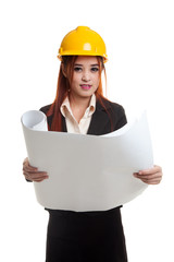 Asian engineer woman with blueprints.