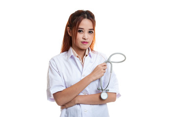 Young Asian female doctor hold stethoscope and smile.