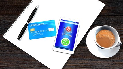 office table with  Smart phone and credit Card  mobile payment concept