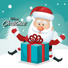 happy santa claus with big gift card merry christmas snow design vector illustration