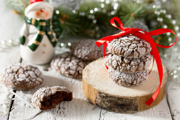 Christmas chocolate mint cookies on a wooden background.
