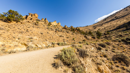 The road among the dry grass. The beautiful landscape of cliffs. Smith Rock state park, Oregon