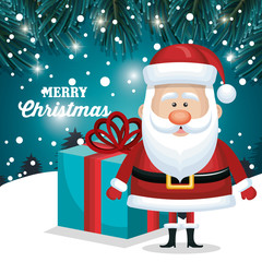 merry christmas santa claus and gift blue. snowfall landscape night design vector illustration