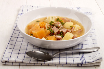 scottish specialty, stovies with potatoes, turnips, pork