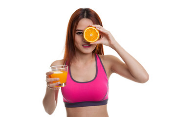 Beautiful Asian healthy girl with orange juice and orange fruit.