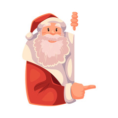 Santa Claus pointing to something, cartoon style vector illustration isolated on white background. Half length portrait of Santa looking from behind the wall and showing something, Christmas template