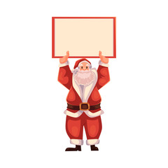 Santa Claus holding a blank board and pointing to it, cartoon style vector illustrations isolated on white background. Santa Claus showing, pointing and rising empty board, Christmas decoration