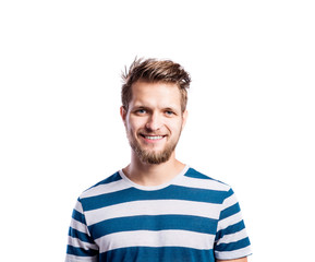 Obraz premium Hipster man in striped blue t-shirt, studio shot, isolated