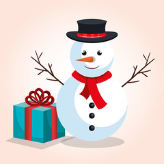 snowman and gift blue bow design isolated vector illustration