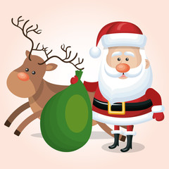 santa claus with green bag and reindeer graphic isolated vector illustration
