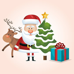 christmas santa claus reindeer tree and gift vector illustration