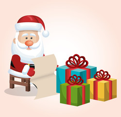 card santa claus sitting with boxes gift list isolated vector illustration