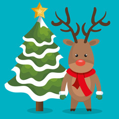 Obraz na płótnie Canvas reindeer scarf with christmas tree star and snow blue background vector illustration