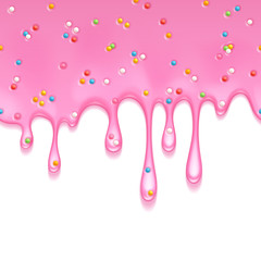 Pink frosting dripping background. Liquid flow.