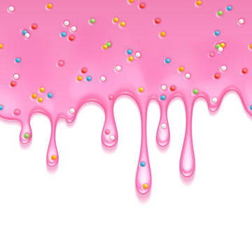 Pink Frosting Dripping Background. Liquid Flow.