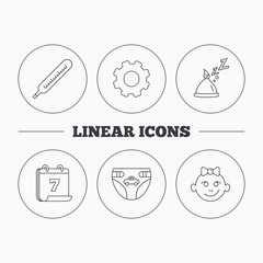 Thermometer, diapers and sleep hat icons.