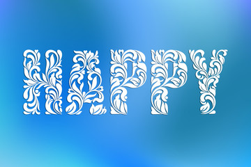Word HAPPY! Decorative Font with swirls and floral elements on a blue background