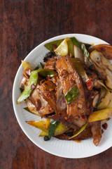 Twice cooked pork - traditional Chinese dish from Sichuan region . 
