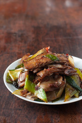 Twice cooked pork - traditional Chinese dish from Sichuan region . 
