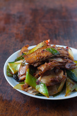 Twice cooked pork - traditional Chinese dish from Sichuan region . 
