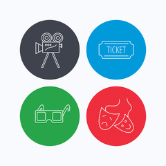 Ticket, video camera and theater masks icons.