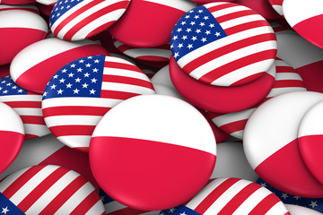 USA and Poland Badges Background - Pile of American and Polish Flag Buttons 3D Illustration