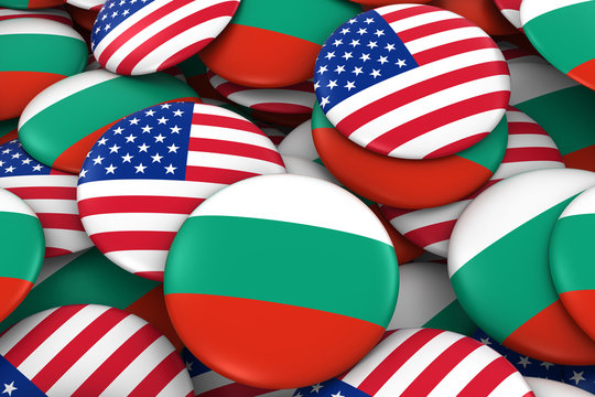 USA and Bulgaria Badges Background - Pile of American and Bulgarian Flag Buttons 3D Illustration