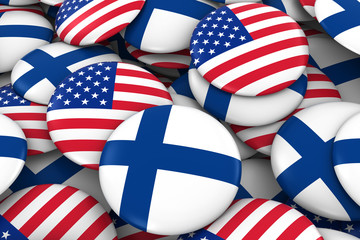 USA and Finland Badges Background - Pile of American and Finnish Flag Buttons 3D Illustration