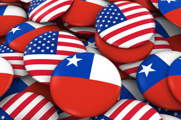 USA and Chile Badges Background - Pile of American and Chilean Flag Buttons 3D Illustration