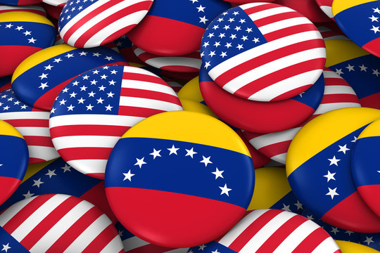 USA and Venezuela Badges Background - Pile of American and Venezuelan Flag Buttons 3D Illustration
