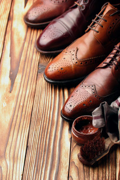 leather shoes brogues with shoe maintenance set.Selective focus
