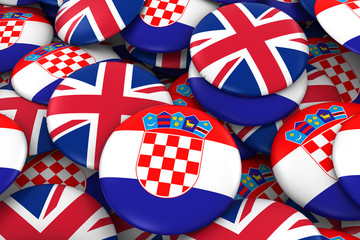 Croatia and UK Badges Background - Pile of Croatian and British Flag Buttons 3D Illustration